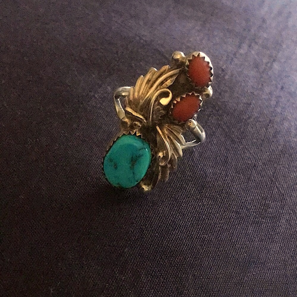 Vintage Turquoise & Coral Sterling Silver Ring